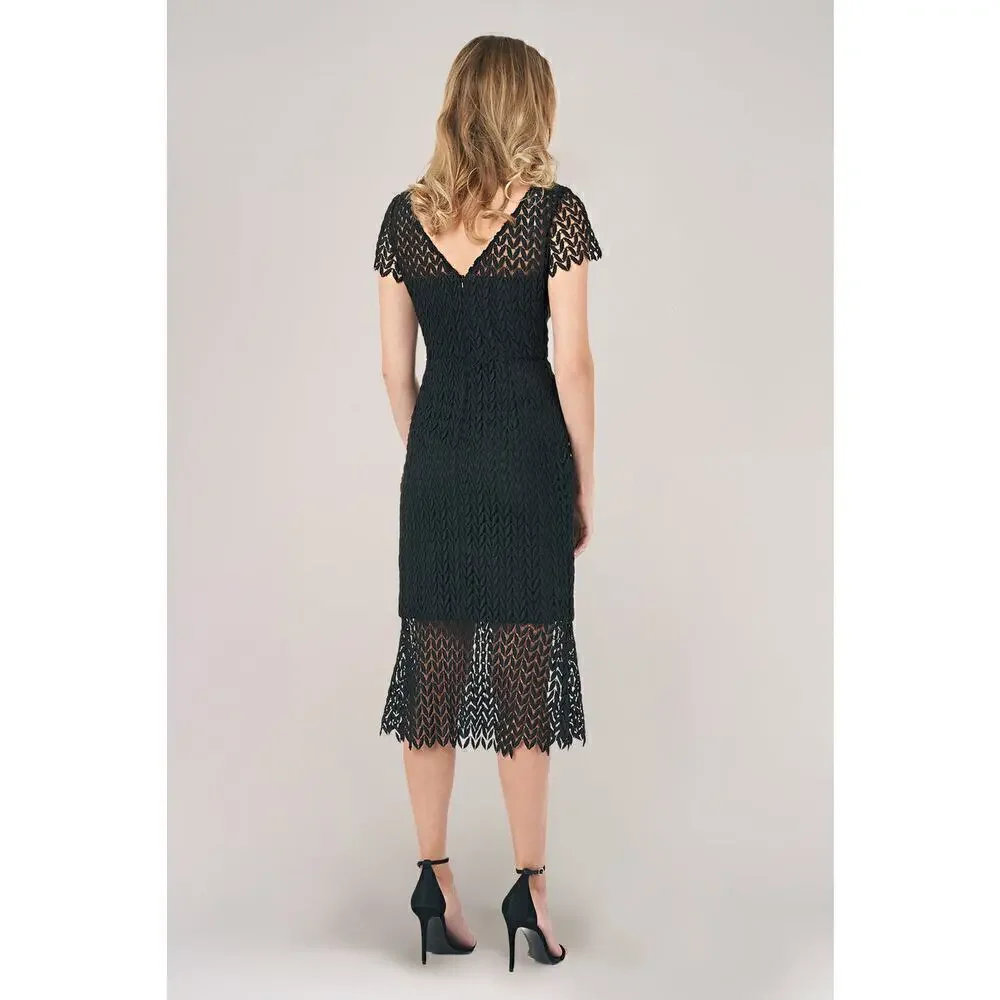 Kay Unger New York Tatum Dress Lace Overlay Short Sleeve Midi Black Size 10